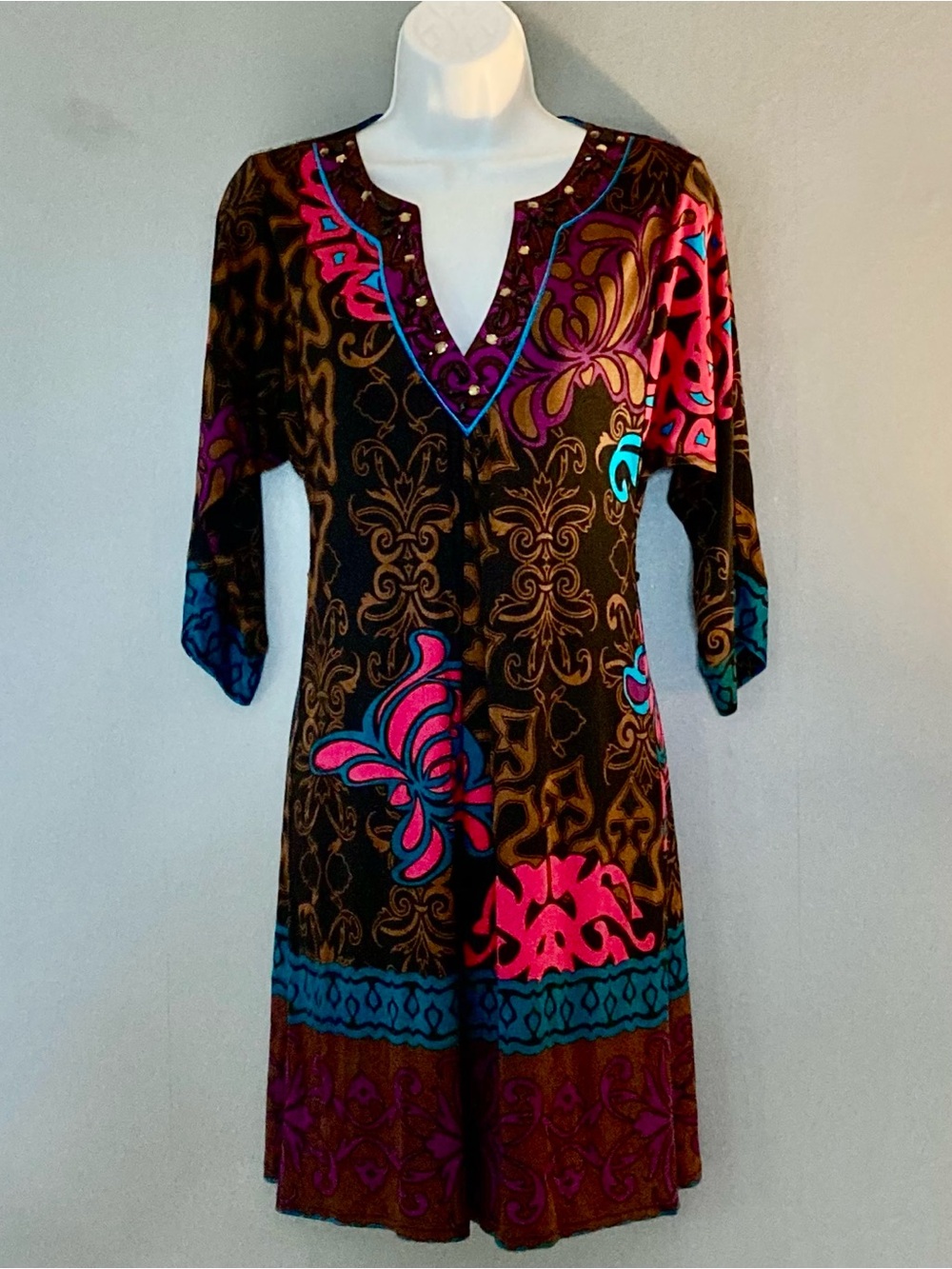 Hale Bob Multicolor Embellished Floral Tunic - Black, Teal, Fuchsia, Purple
